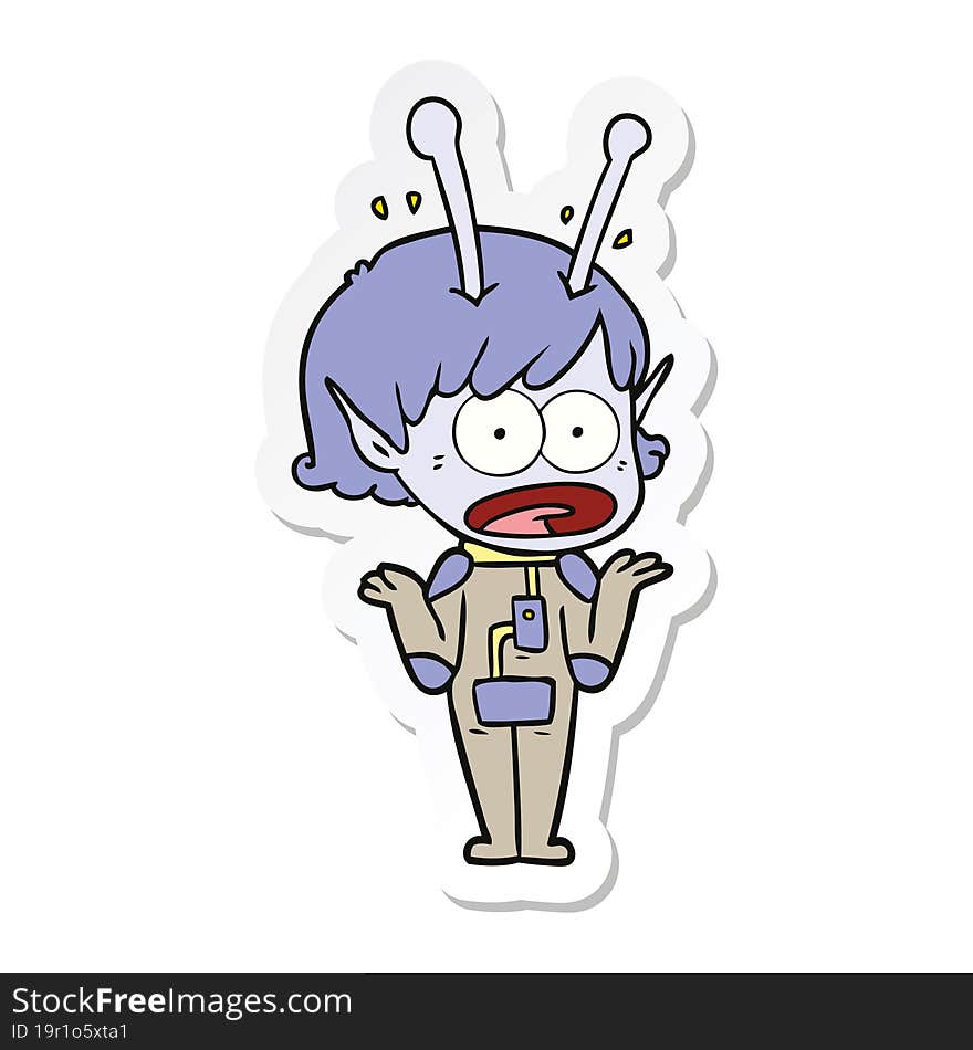 sticker of a cartoon shocked alien girl