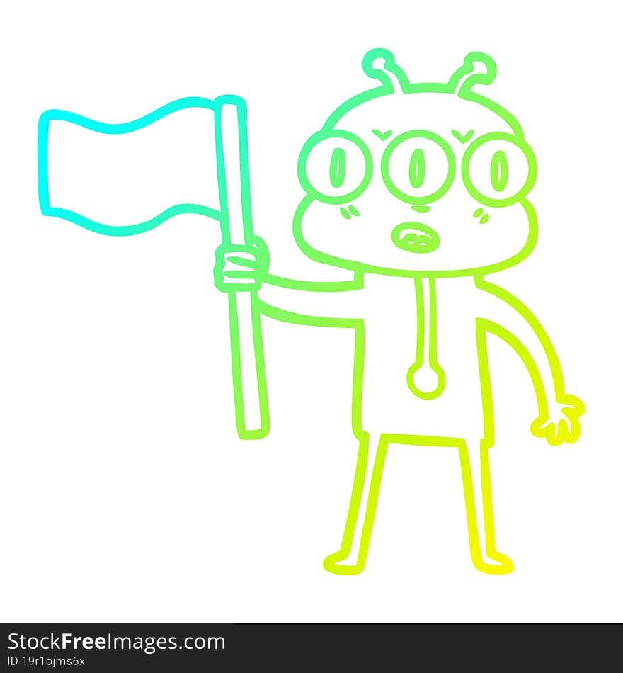 Cold Gradient Line Drawing Cartoon Three Eyed Alien Waving Flag