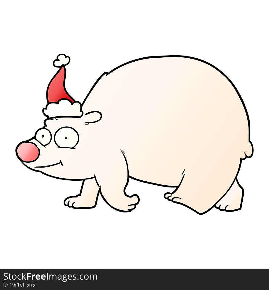 gradient cartoon of a walking polar bear wearing santa hat