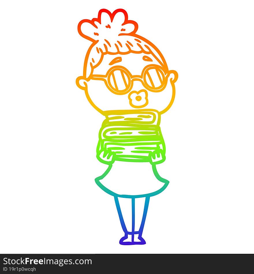 Rainbow Gradient Line Drawing Cartoon Librarian Woman Wearing Spectacles