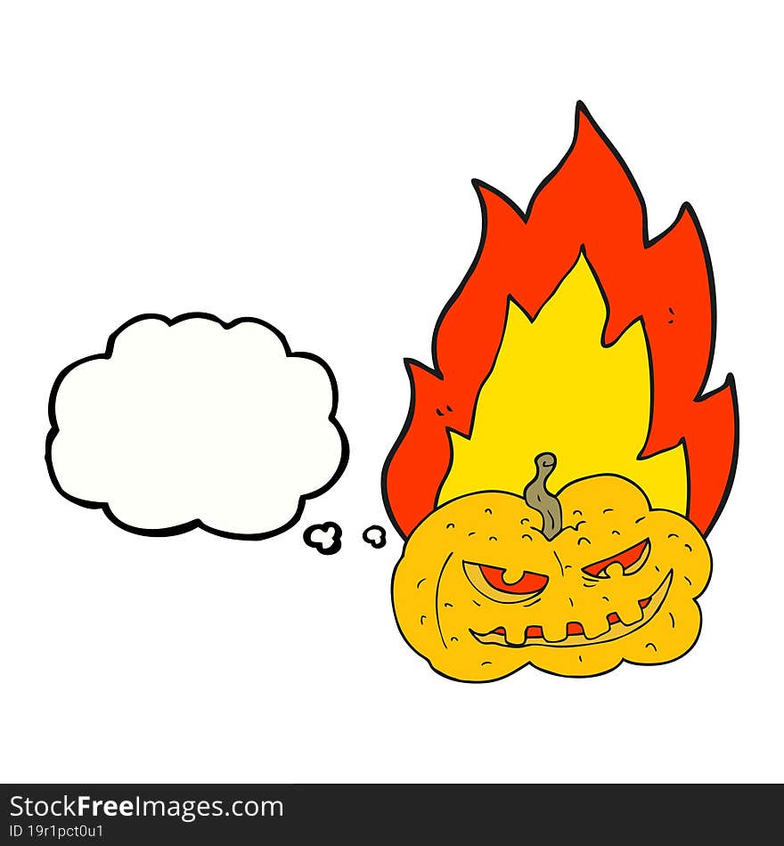 freehand drawn thought bubble cartoon flaming halloween pumpkin