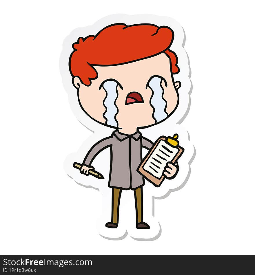 sticker of a cartoon salesman crying