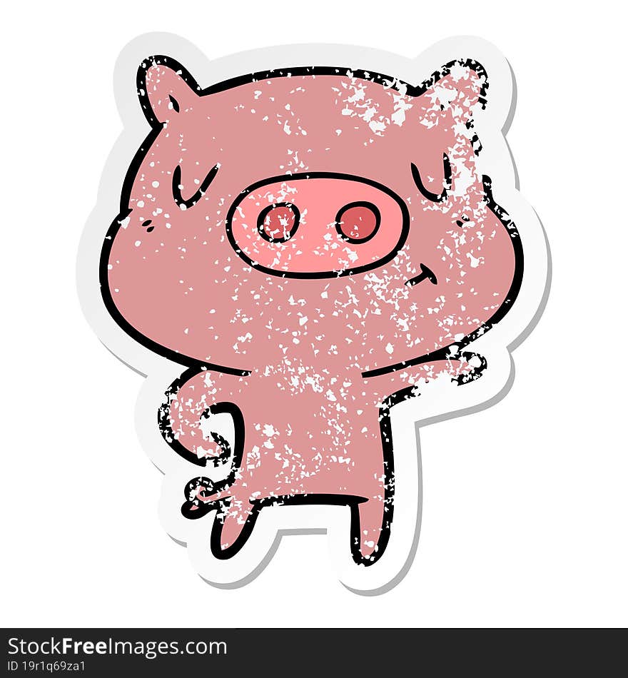 distressed sticker of a cartoon pig pointing