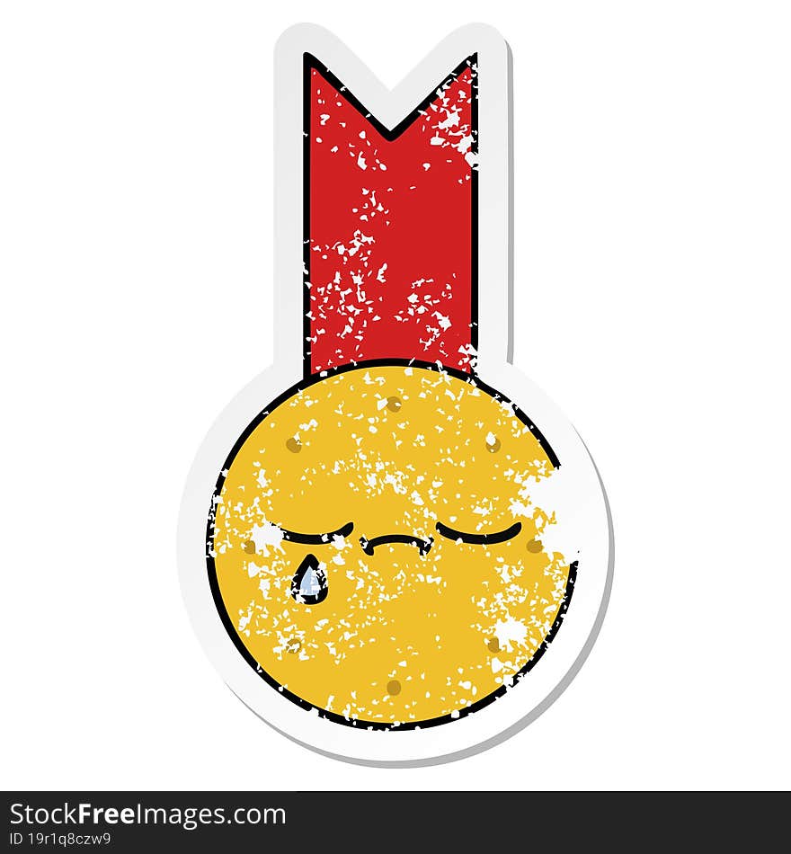 Distressed Sticker Of A Cute Cartoon Gold Medal