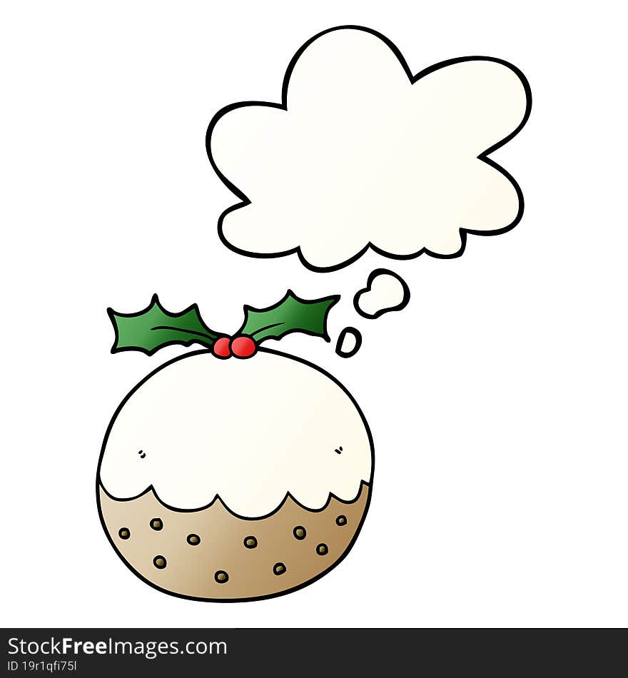 Cartoon Christmas Pudding And Thought Bubble In Smooth Gradient Style