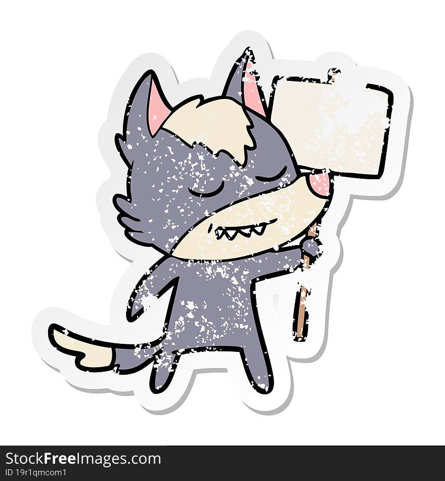 distressed sticker of a friendly cartoon wolf with blank sign