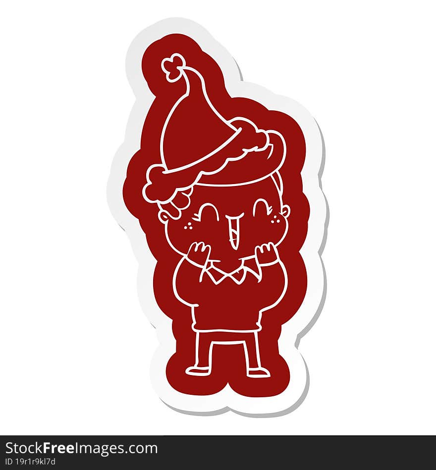 quirky cartoon  sticker of a laughing boy wearing santa hat