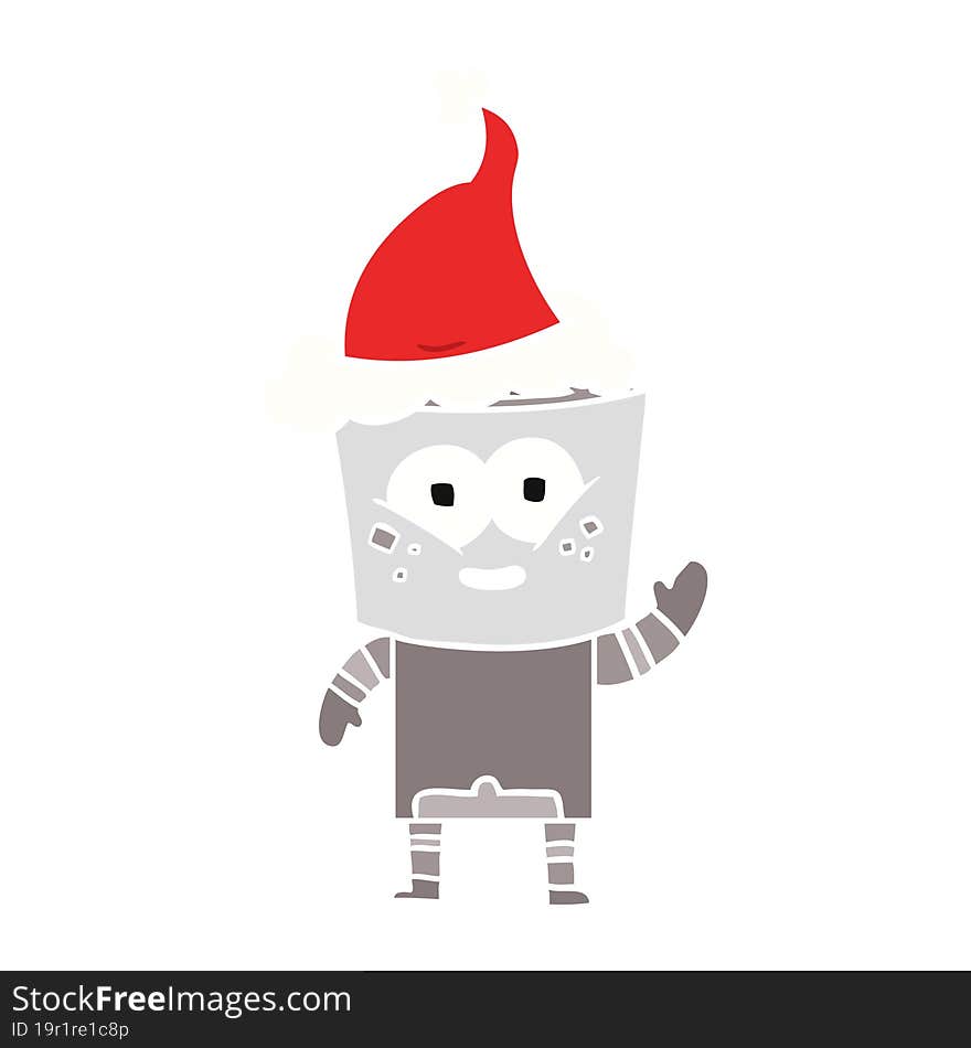 Happy Flat Color Illustration Of A Robot Waving Hello Wearing Santa Hat