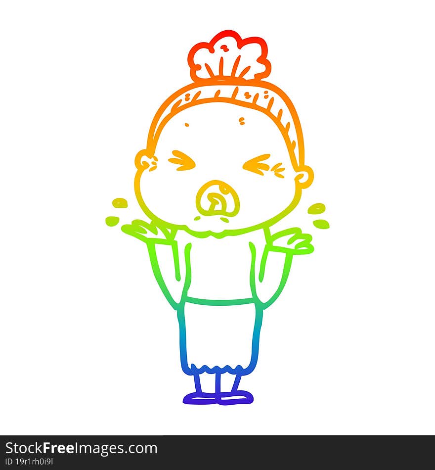 Rainbow Gradient Line Drawing Cartoon Angry Old Woman