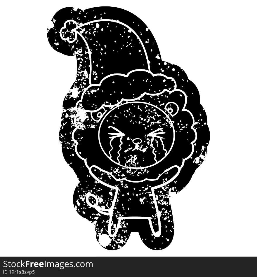 cartoon distressed icon of a crying lion wearing santa hat