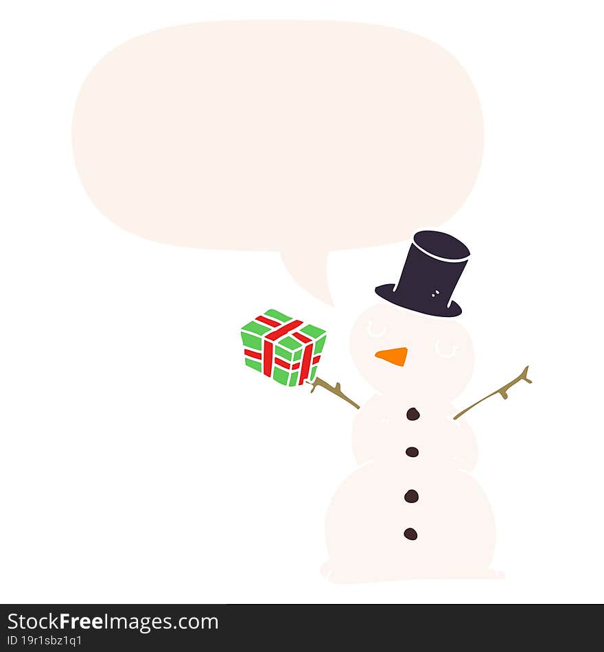 cartoon snowman and speech bubble in retro style