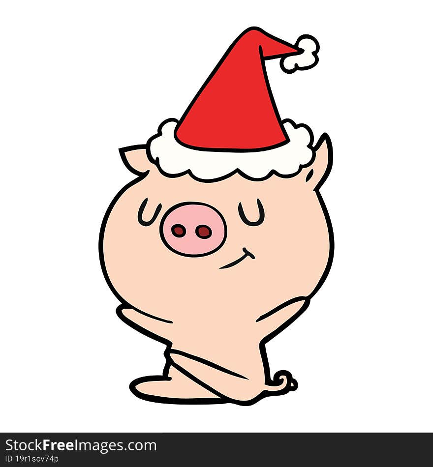 Happy Line Drawing Of A Pig Wearing Santa Hat