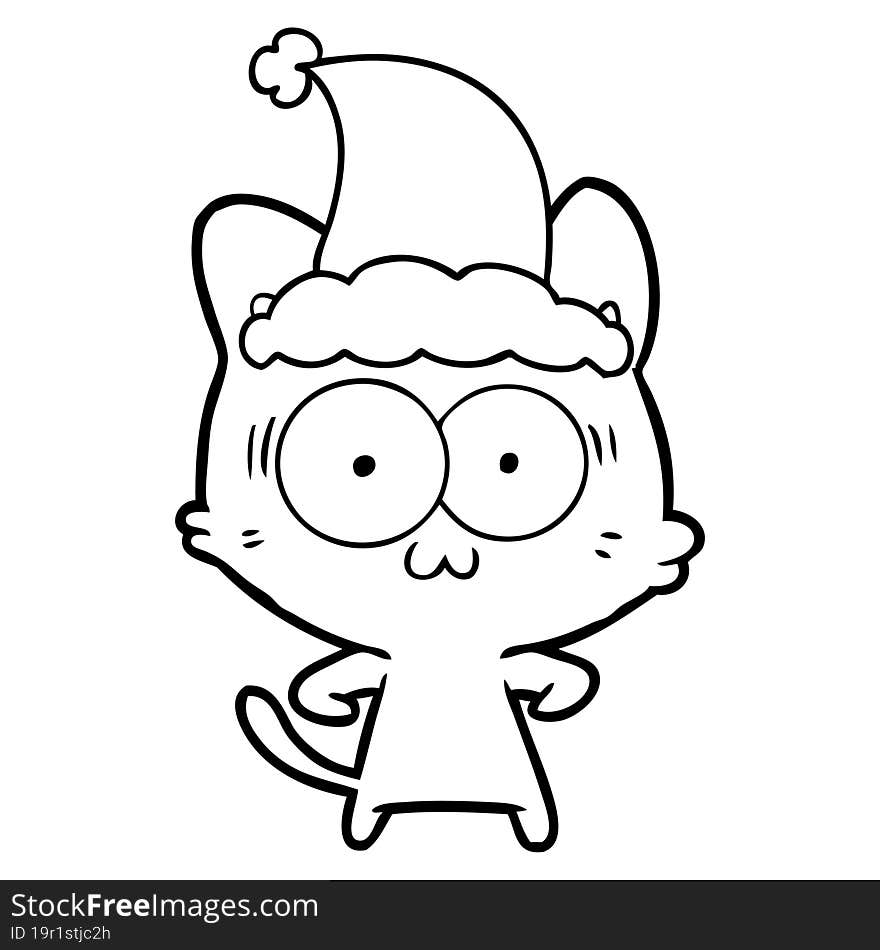 line drawing of a surprised cat wearing santa hat