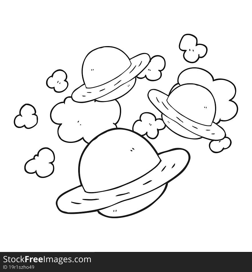 freehand drawn black and white cartoon planets