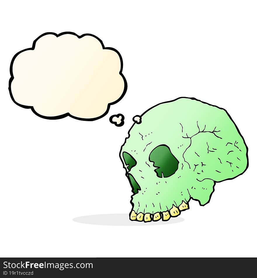 cartoon spooky skull with thought bubble