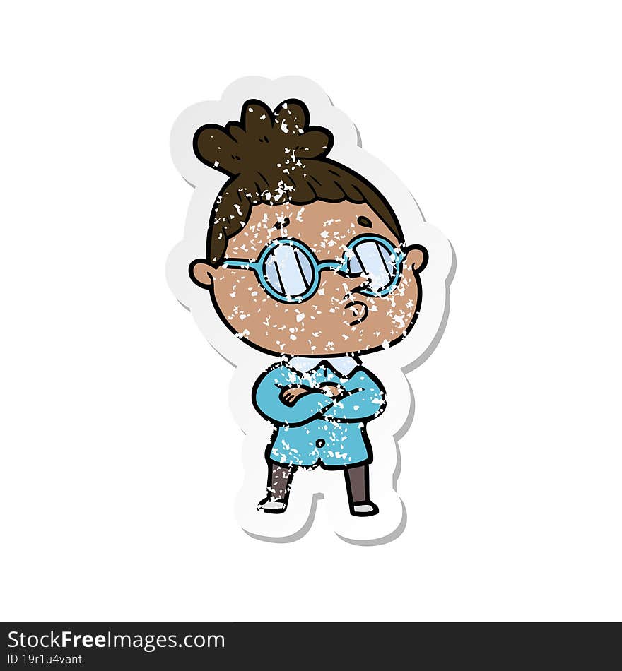 Distressed Sticker Of A Cartoon Woman Wearing Glasses