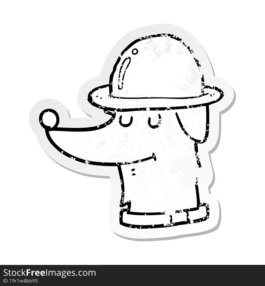 Distressed Sticker Of A Cartoon Dog Wearing Hat