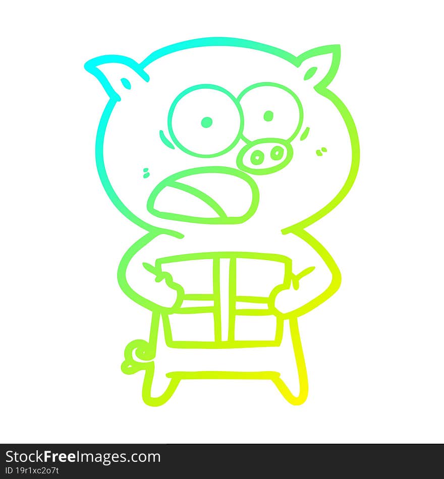 Cold Gradient Line Drawing Cartoon Pig With Christmas Present