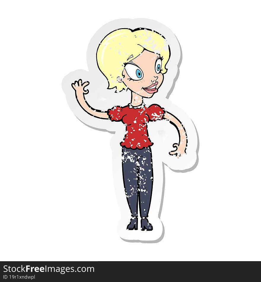 retro distressed sticker of a cartoon woman waving