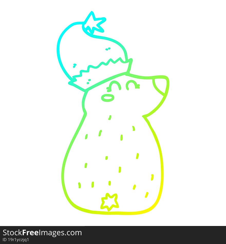 cold gradient line drawing cartoon bear wearing christmas hat