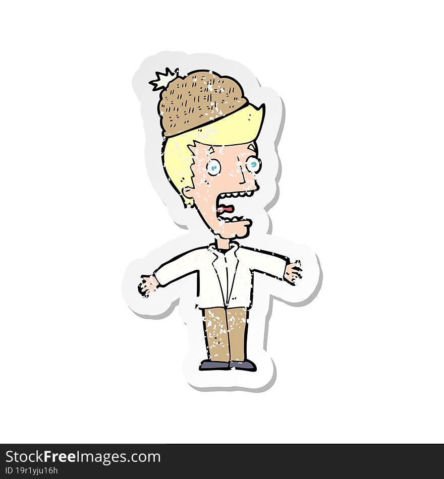 retro distressed sticker of a cartoon man wearing winter hat