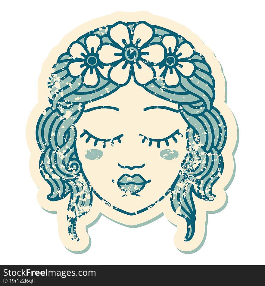 distressed sticker tattoo style icon of female face with eyes closed