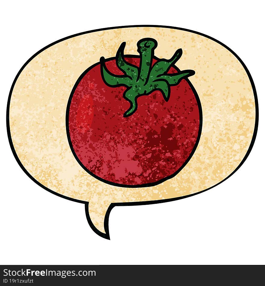 cartoon fresh tomato with speech bubble in retro texture style