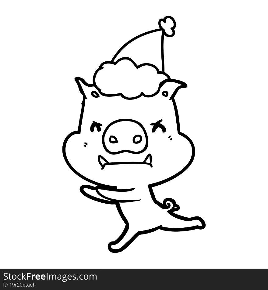 angry hand drawn line drawing of a pig wearing santa hat. angry hand drawn line drawing of a pig wearing santa hat