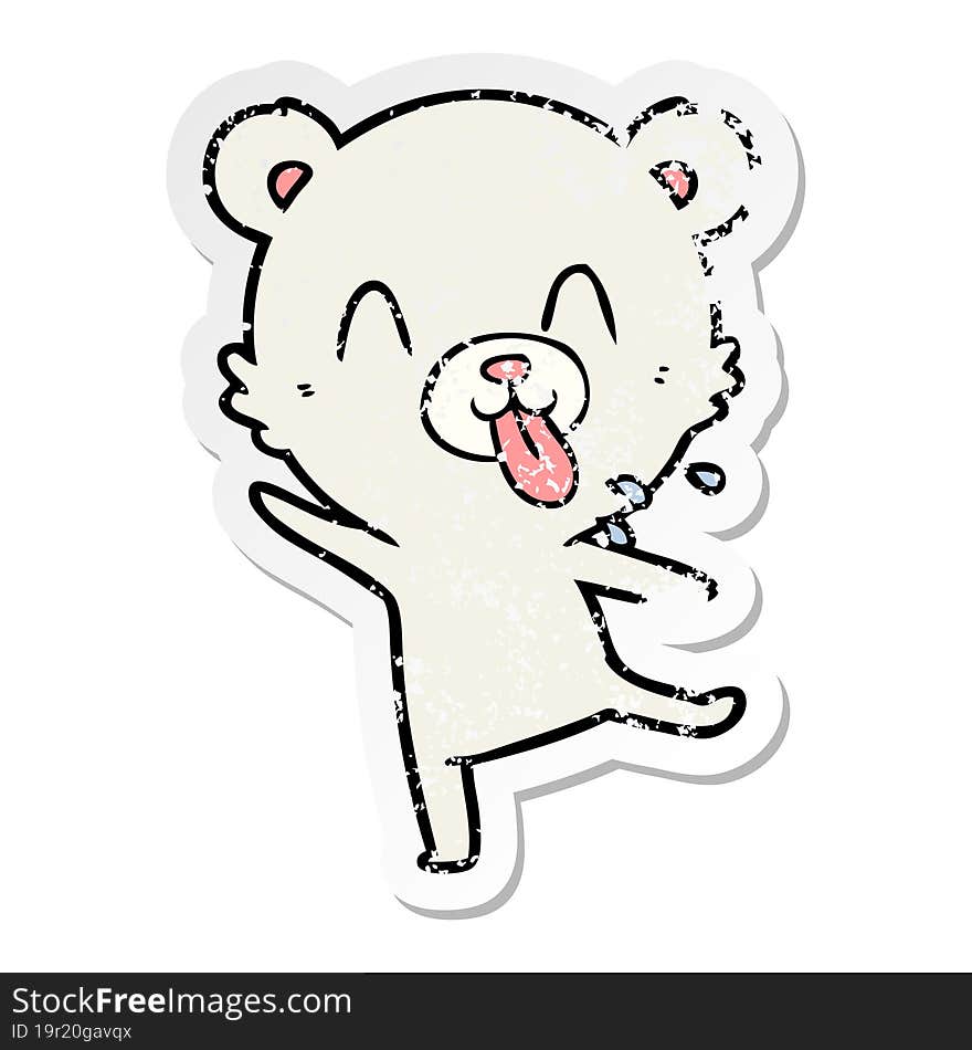 distressed sticker of a rude cartoon polar bear sticking out tongue