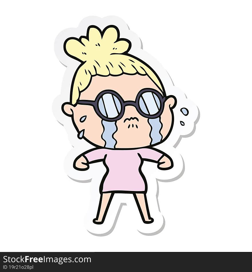 sticker of a cartoon crying woman wearing spectacles