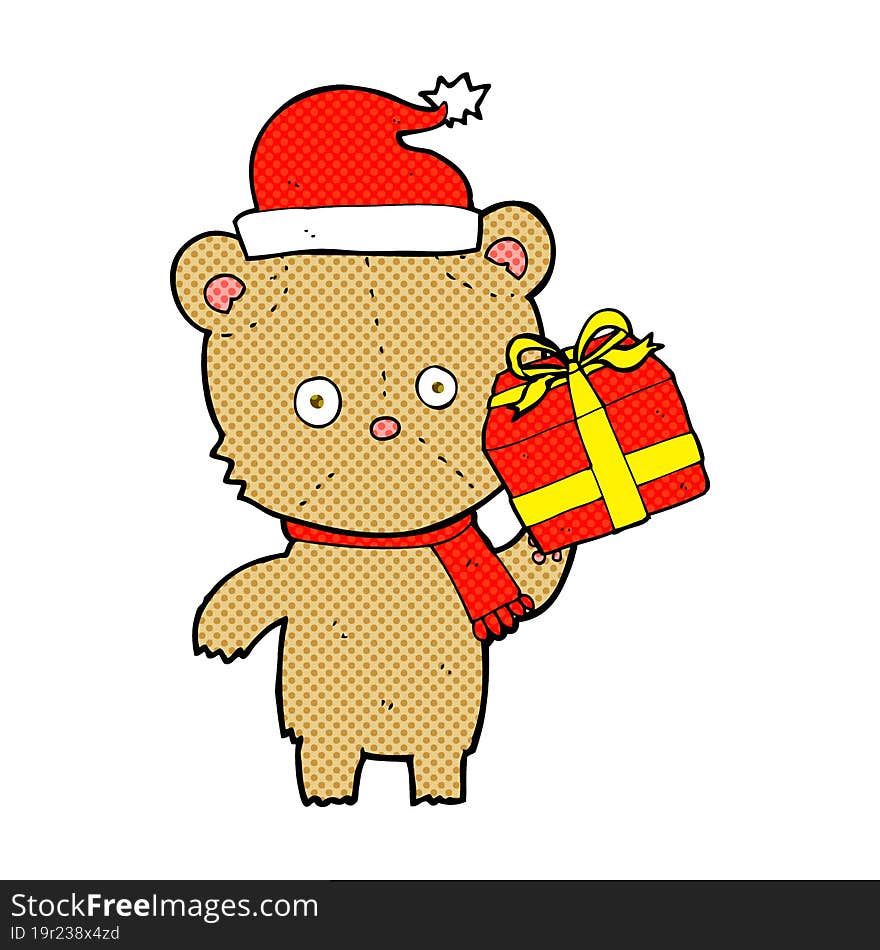 cartoon christmas teddy bear with present