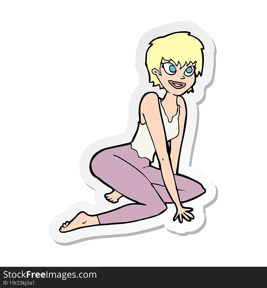 sticker of a cartoon happy woman sitting on floor