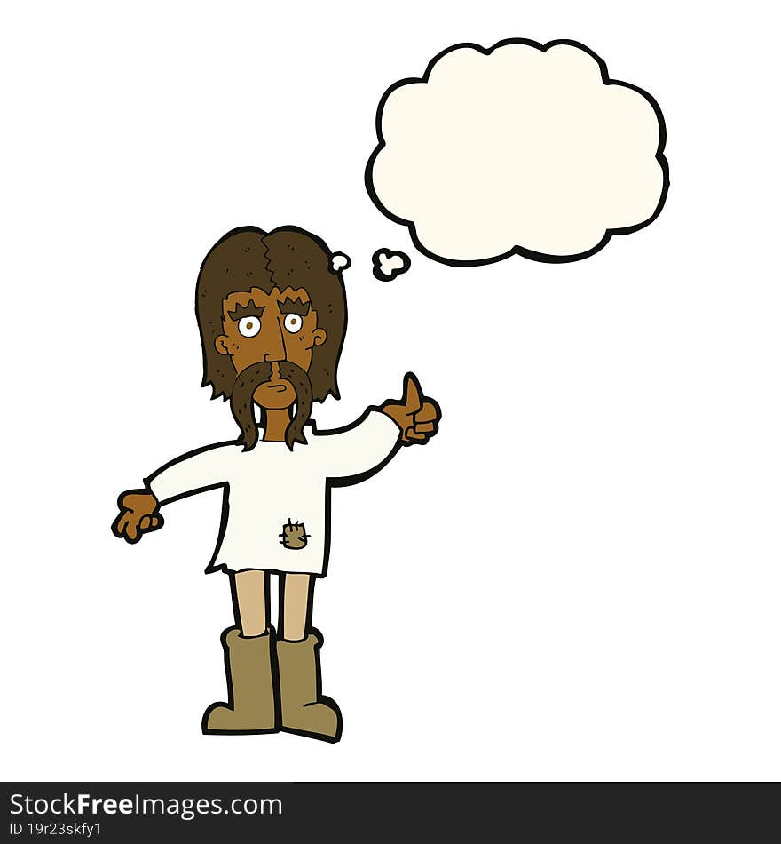 cartoon hippie man giving thumbs up symbol with thought bubble