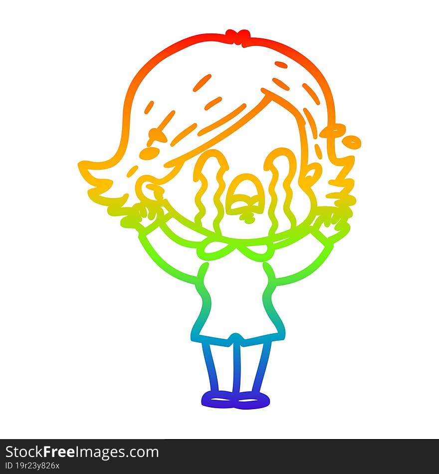 rainbow gradient line drawing of a cartoon woman crying