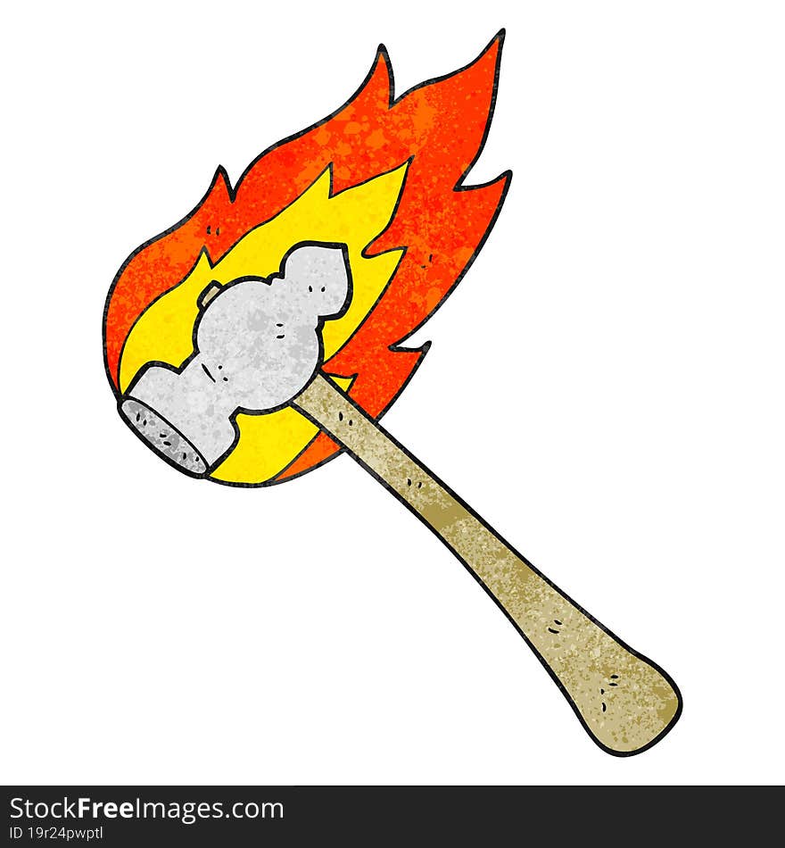 freehand drawn texture cartoon flaming hammer