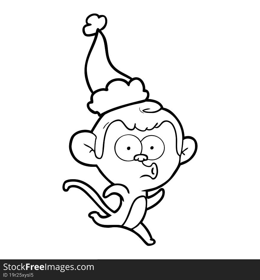 line drawing of a surprised monkey wearing santa hat