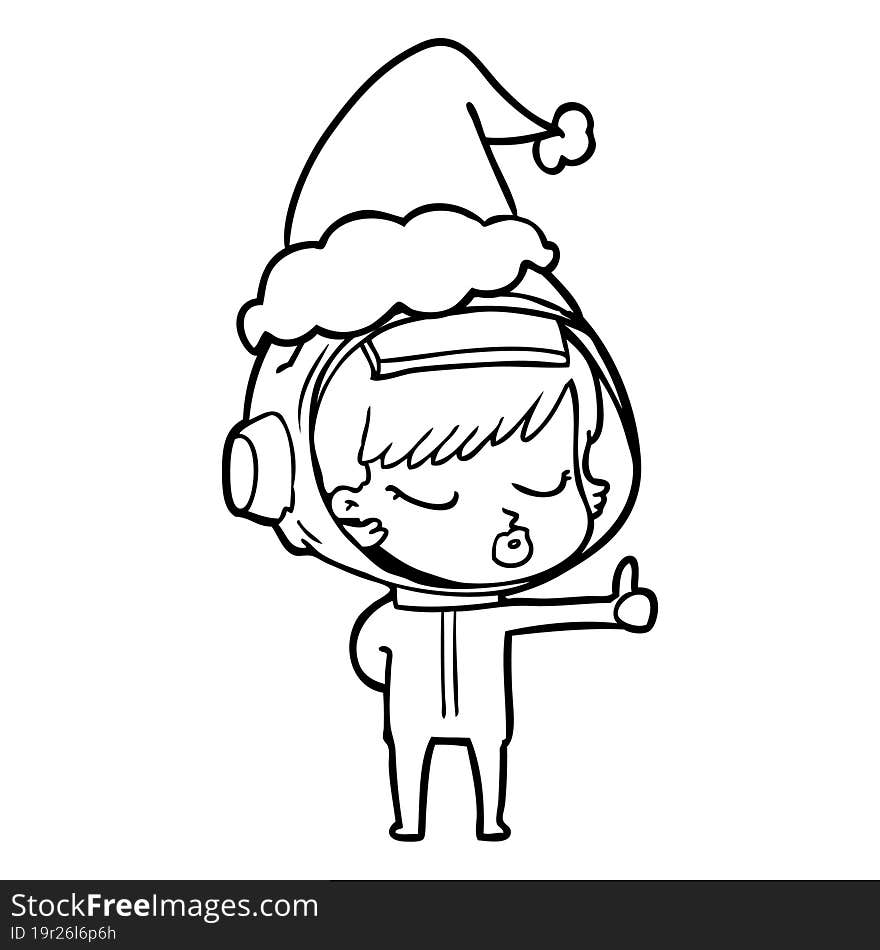 line drawing of a pretty astronaut girl giving thumbs up wearing santa hat