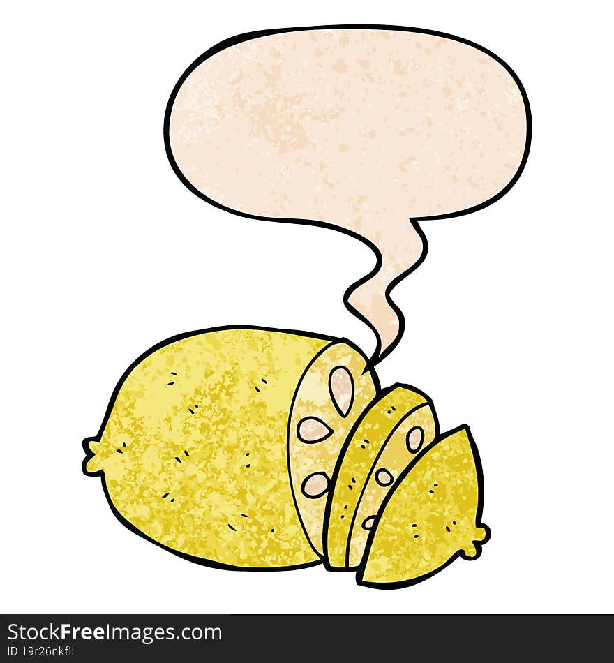 cartoon sliced lemon and speech bubble in retro texture style