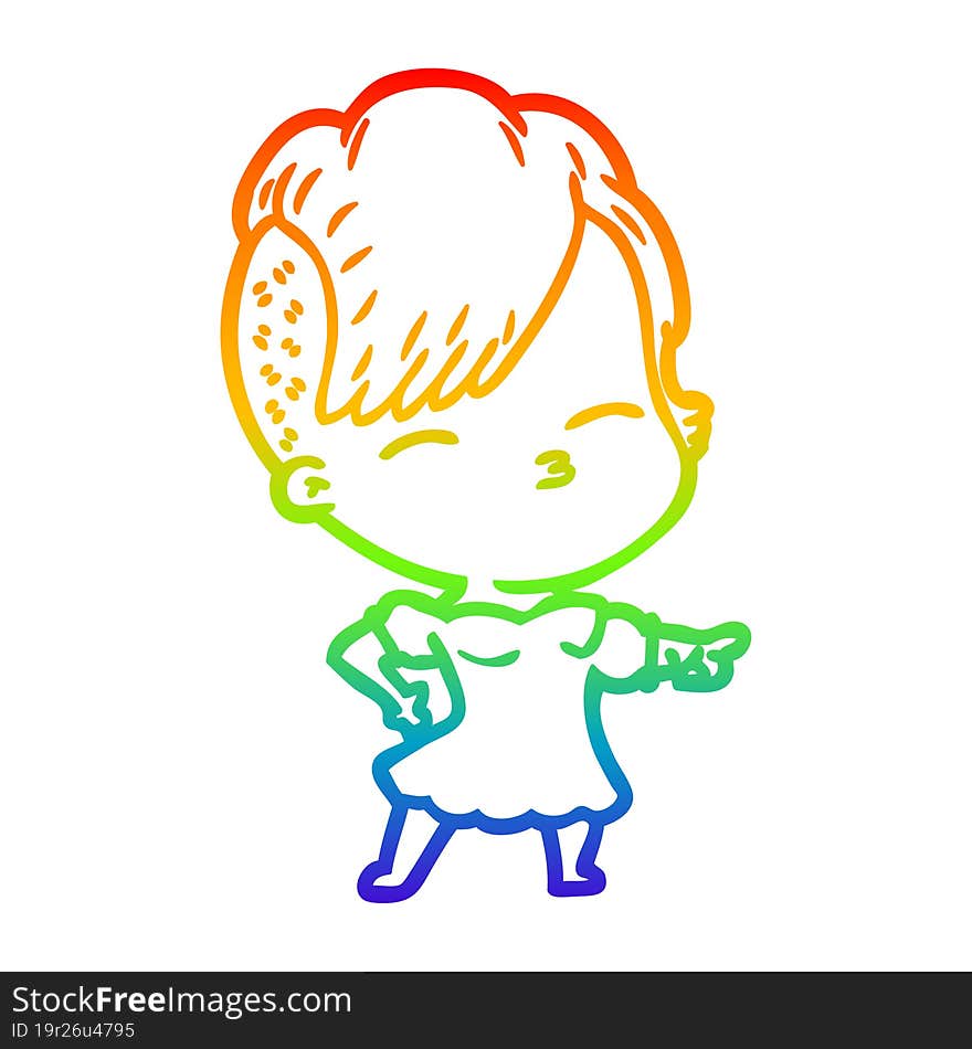 rainbow gradient line drawing cartoon squinting girl pointing