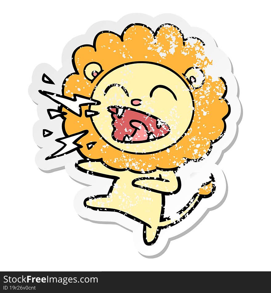 distressed sticker of a cartoon roaring lion