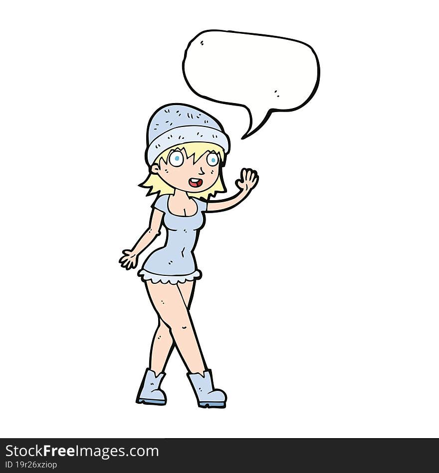 cartoon pretty girl in hat waving with speech bubble