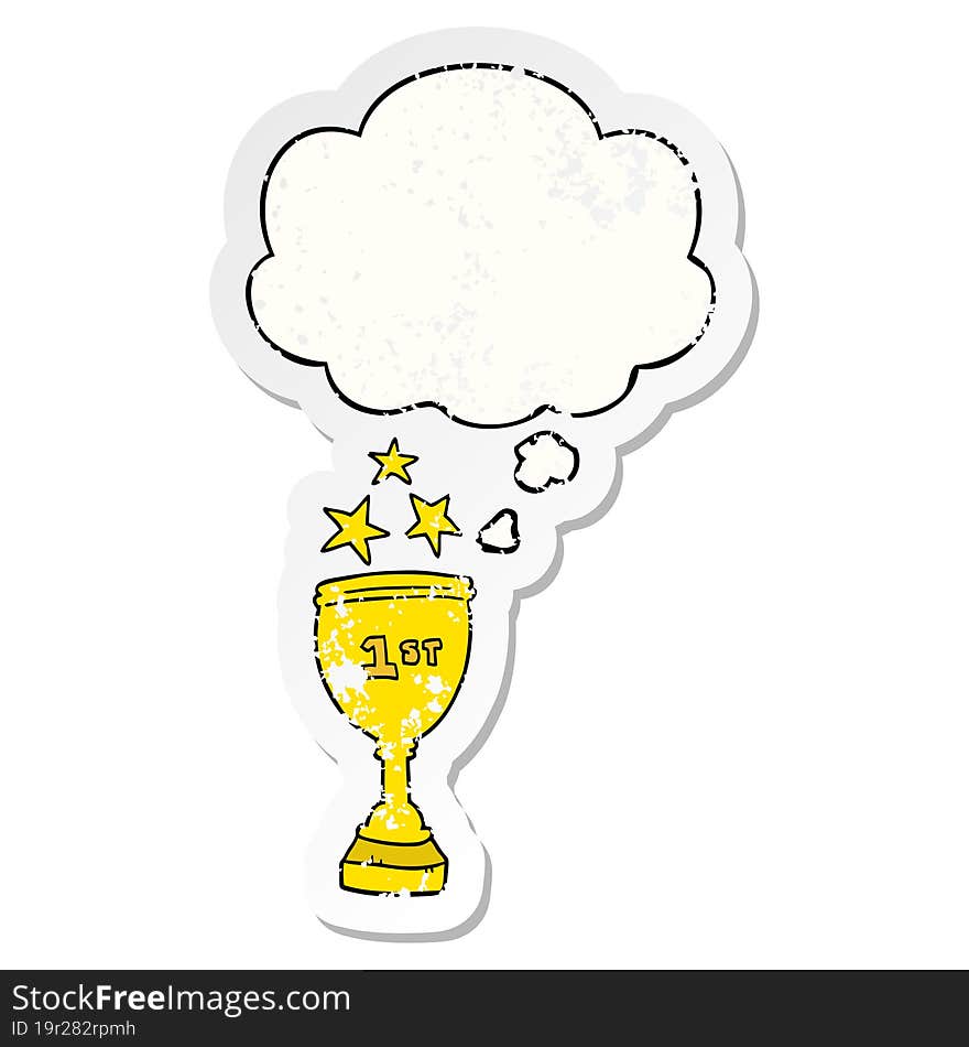 cartoon sports trophy with thought bubble as a distressed worn sticker