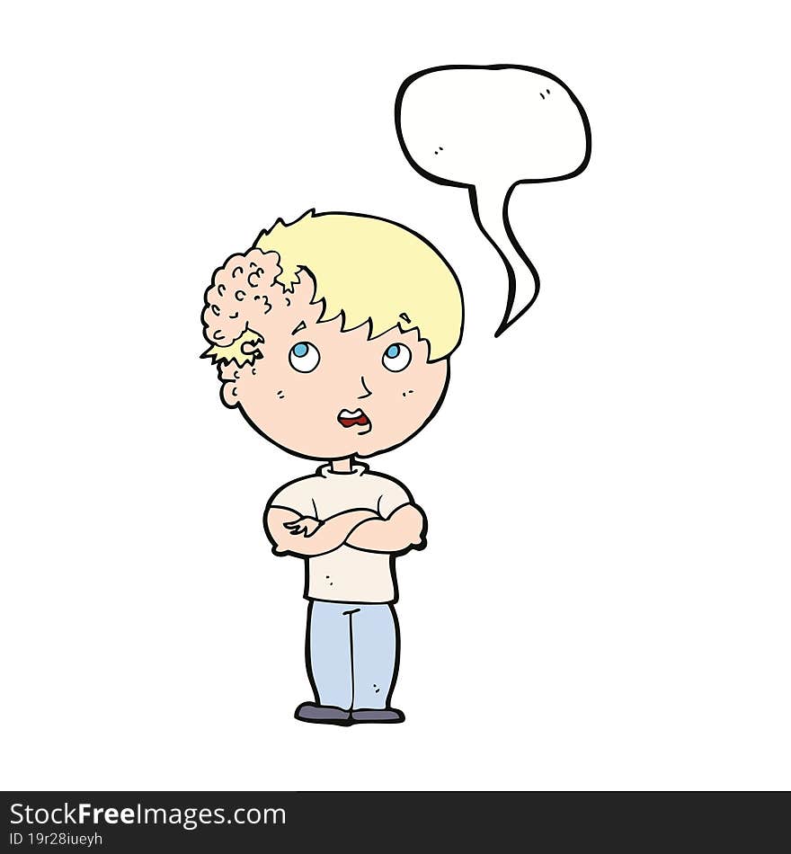 cartoon boy with growth on head with speech bubble