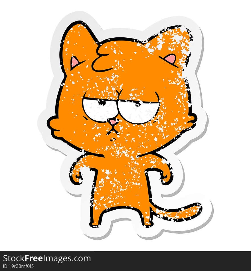 distressed sticker of a bored cartoon cat