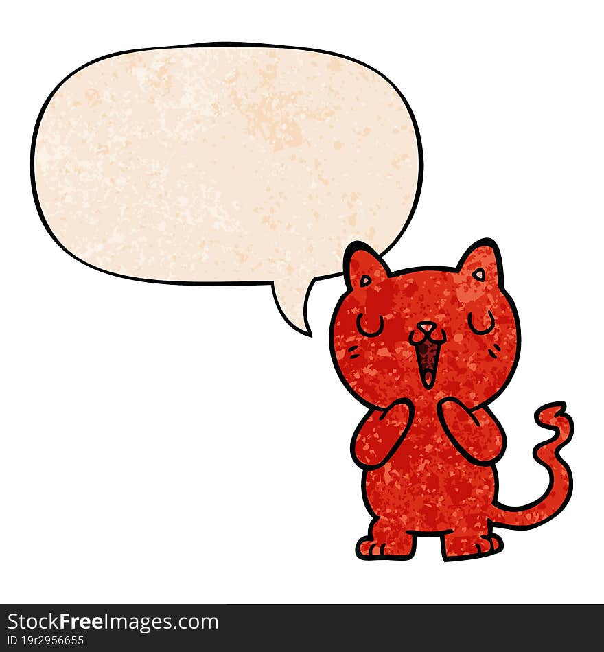 Cartoon Cat And Speech Bubble In Retro Texture Style