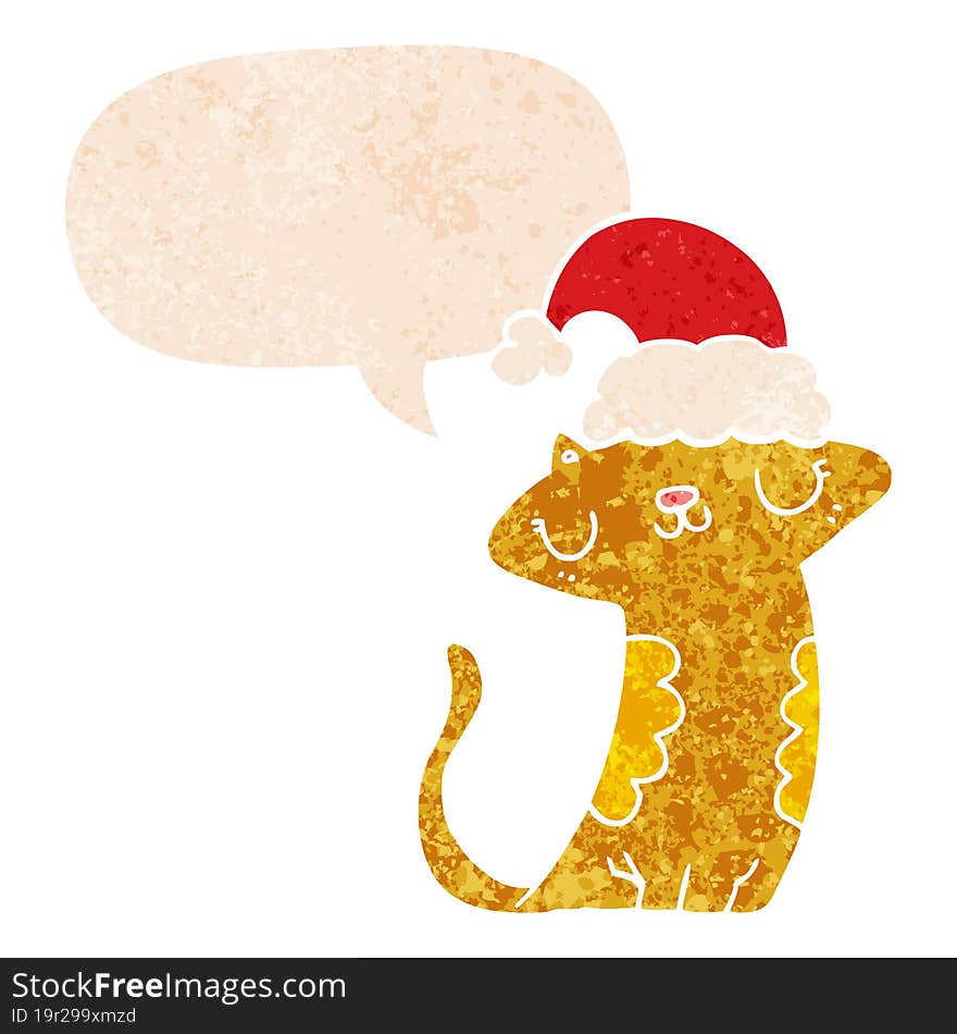 cute cartoon cat wearing christmas hat with speech bubble in grunge distressed retro textured style. cute cartoon cat wearing christmas hat with speech bubble in grunge distressed retro textured style