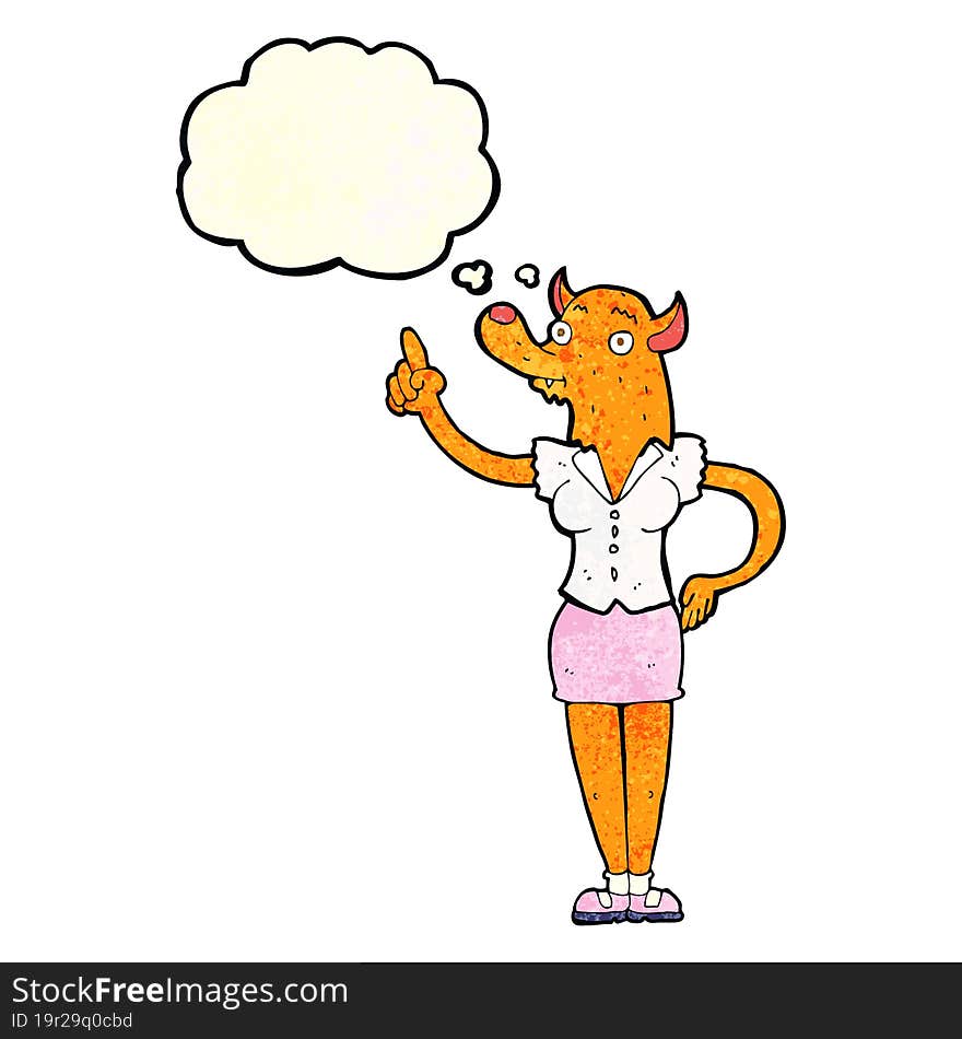 cartoon fox woman with idea with thought bubble