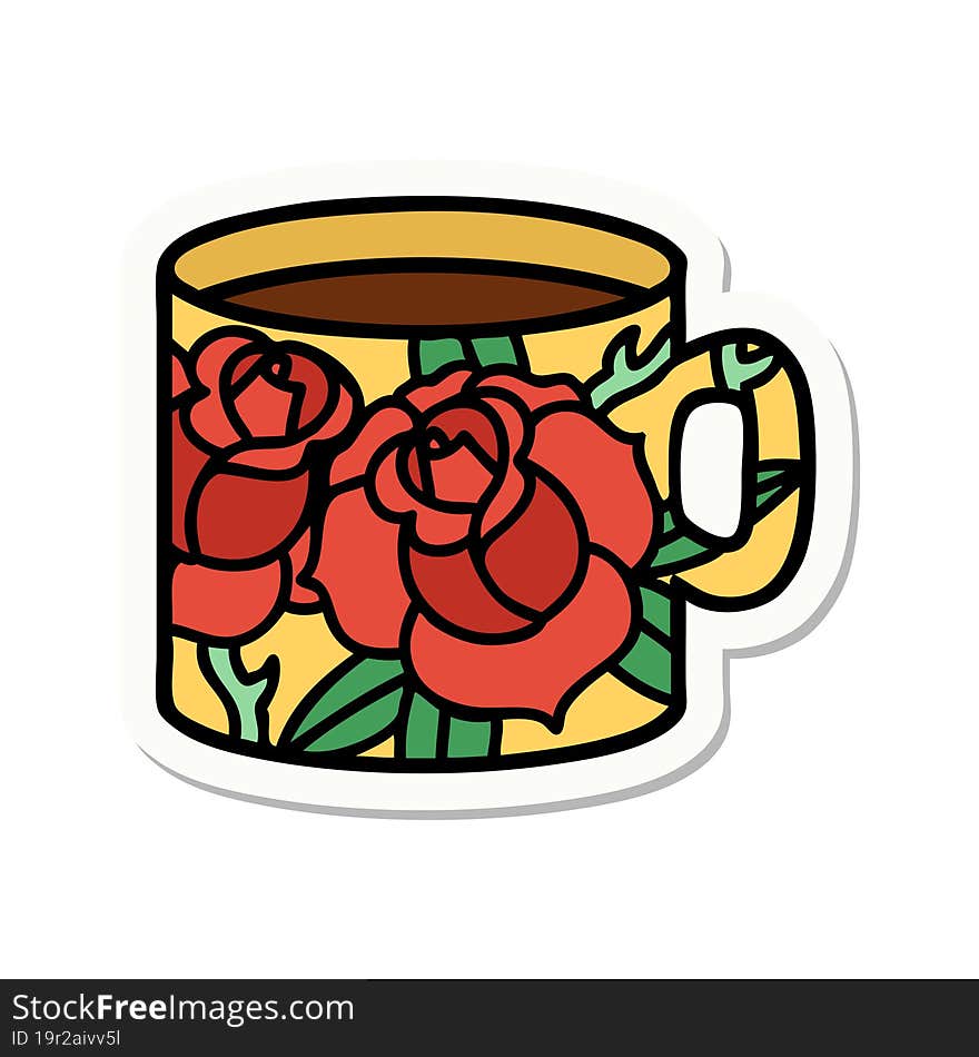 tattoo style sticker of a cup and flowers