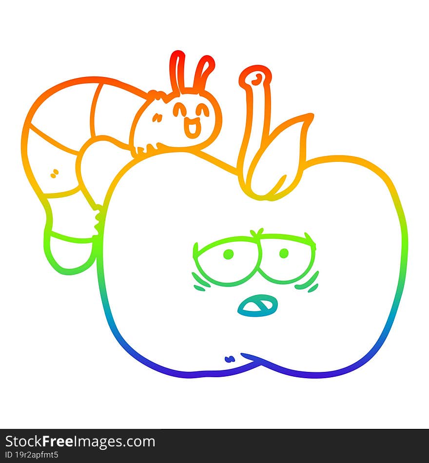 rainbow gradient line drawing of a cartoon apple and bug