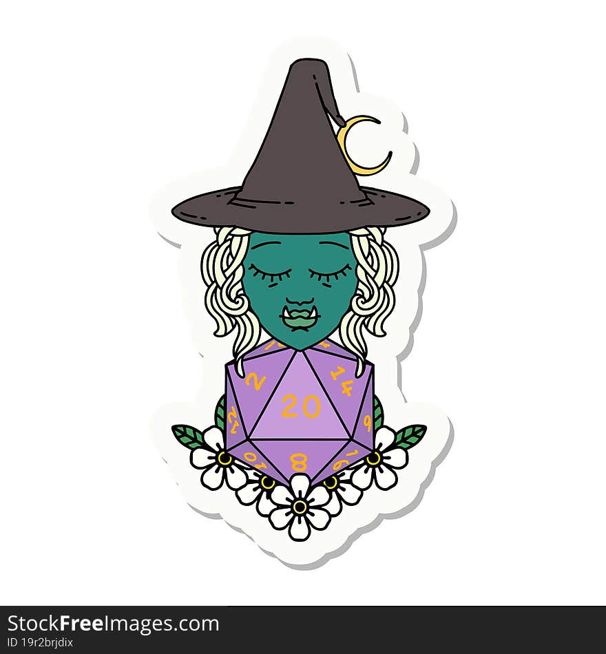 half orc wizard with natural twenty dice roll sticker